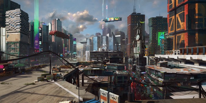 Cyberpunk 2077 concept art of a futuristic city