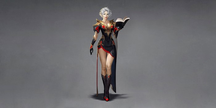 Fantasy woman with white hair holding a book