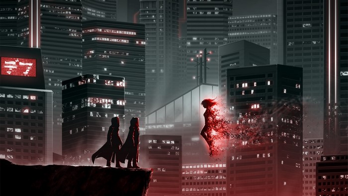 Two figures stand on a cliff overlooking a futuristic city with a woman dissolving into red particles.