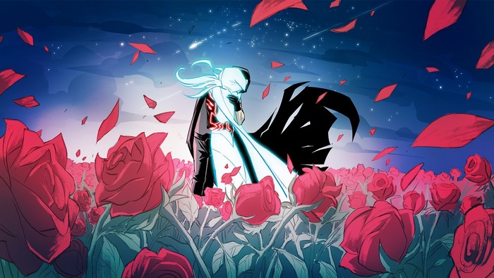 Two figures embracing in a field of roses under a starry sky