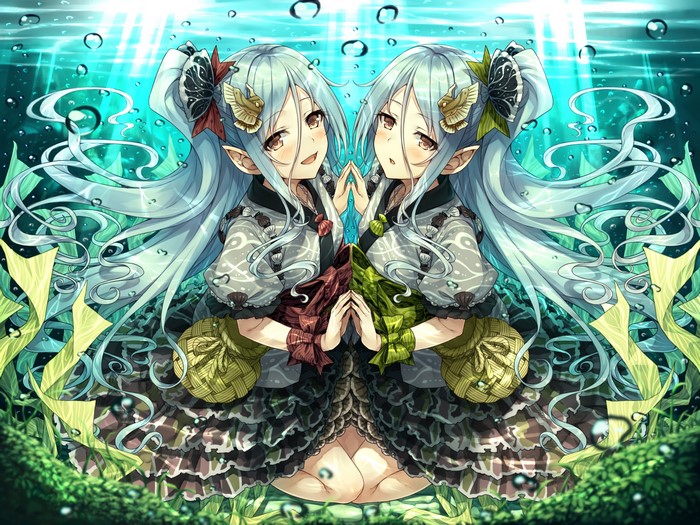 Two anime girls with light blue hair underwater