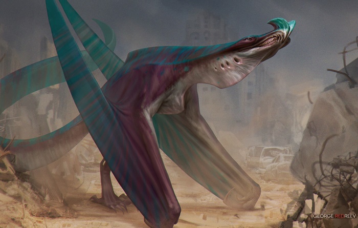 Fantasy creature with wings in a ruined city