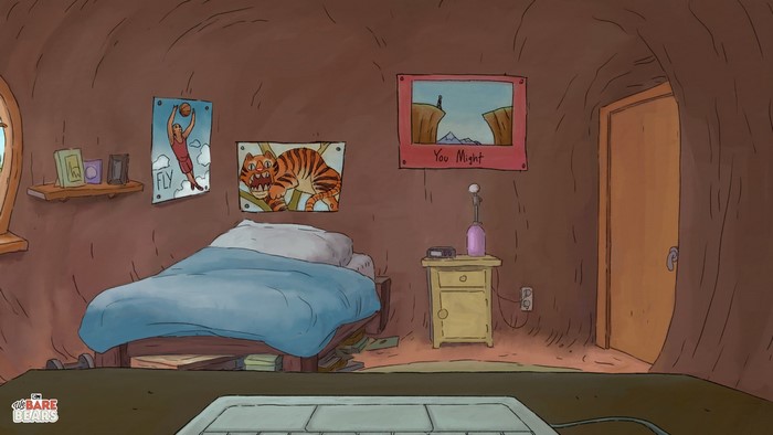 We Bare Bears bedroom with posters and bed
