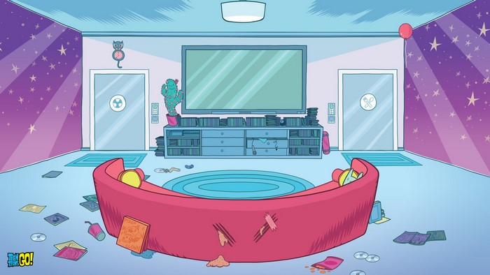 Teen Titans Go! living room with TV and couch