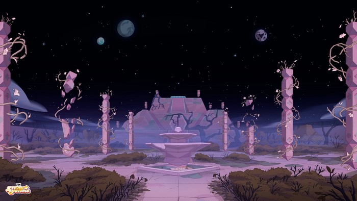 Steven Universe ruins with planets in the sky