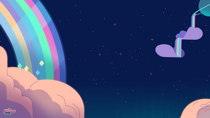 Powerpuff Girls in space with a rainbow