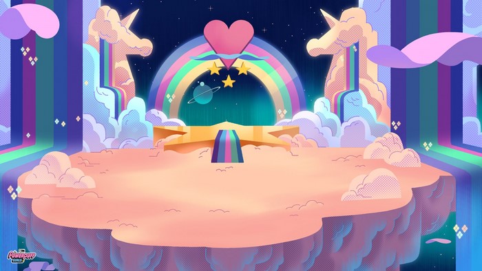 The Powerpuff Girls background with rainbow and unicorns