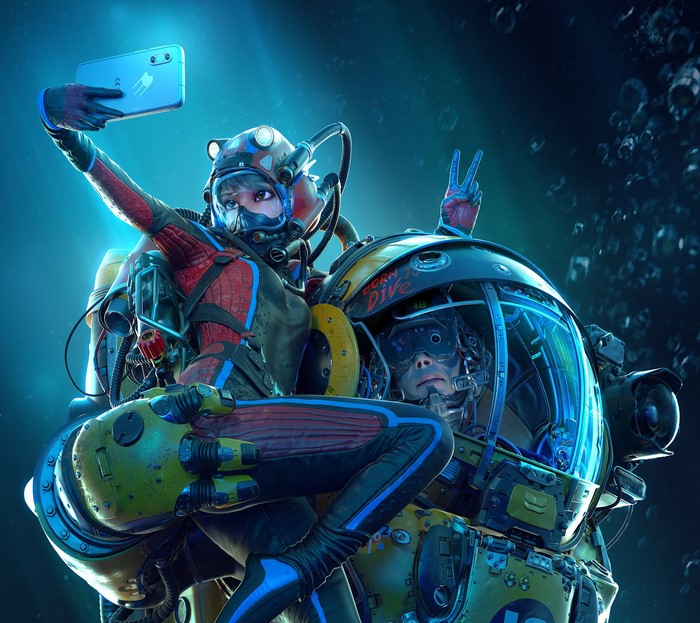 Anime divers taking a selfie in a futuristic submersible