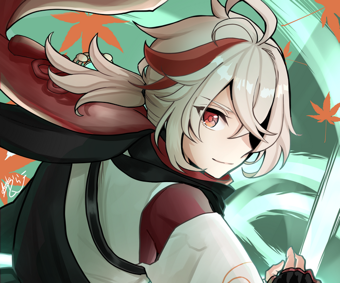 Kaedehara Kazuha with a sword and maple leaves