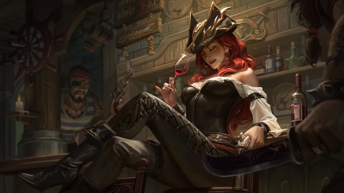 Miss Fortune from League of Legends in a pirate bar