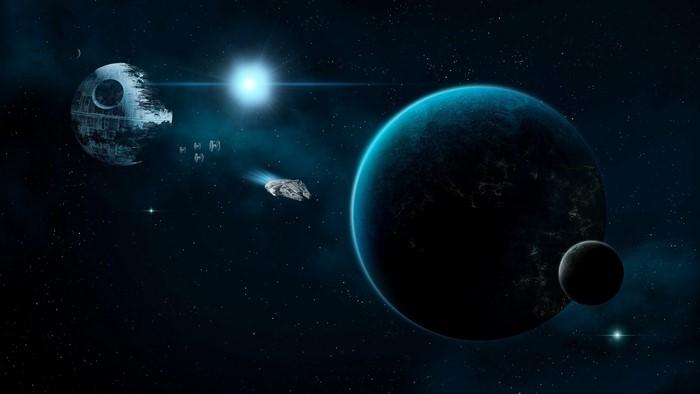 Millennium Falcon and Death Star in Star Wars