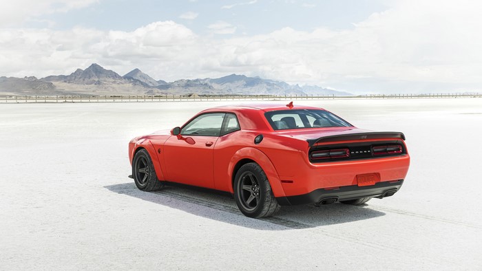Red Dodge Challenger SRT Hellcat on Salt Flats