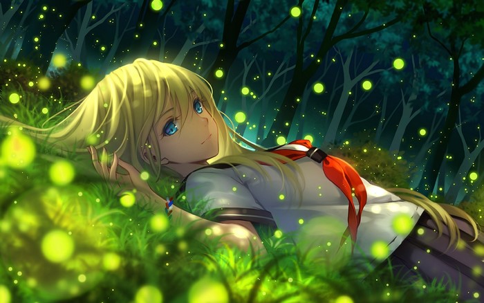 Anime girl with blonde hair and blue eyes in a forest with fireflies