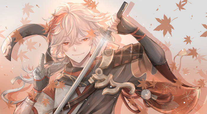 Kaedehara Kazuha with a sword and falling leaves