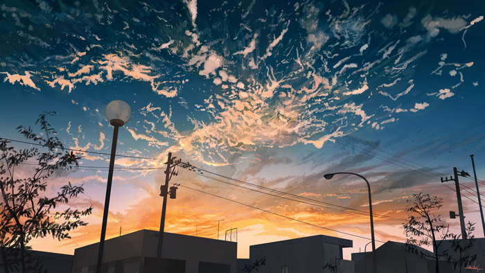 Anime cityscape at sunset with dramatic clouds