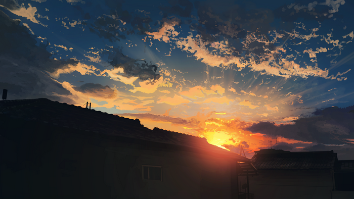 Anime sunset over city rooftops