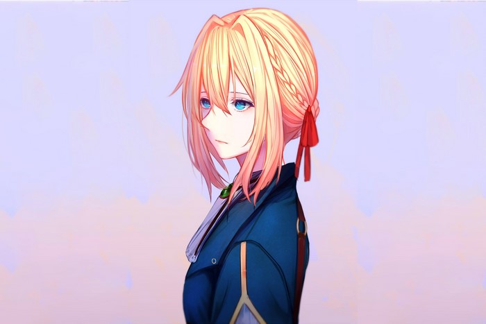 Violet Evergarden with blue eyes and blonde hair