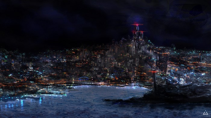 Cyberpunk city skyline at night over the water
