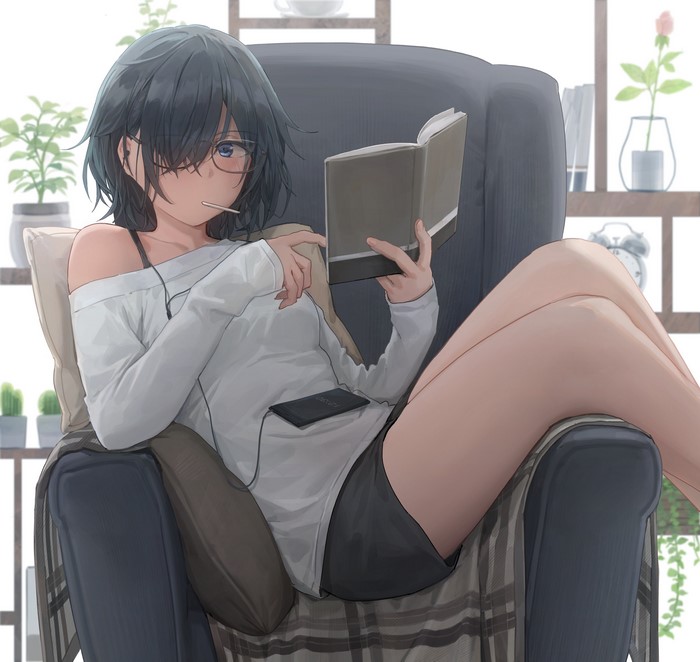 Anime girl with glasses reading a book