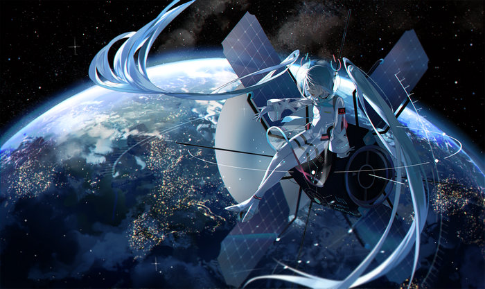 Hatsune Miku from Vocaloid on a satellite orbiting Earth