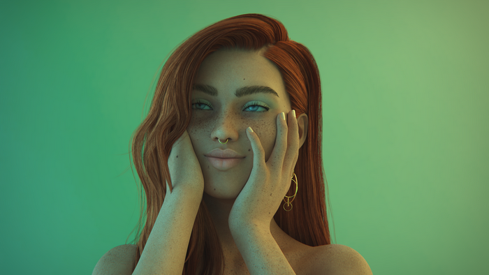 3D digital art portrait of a redhead woman with blue eyes