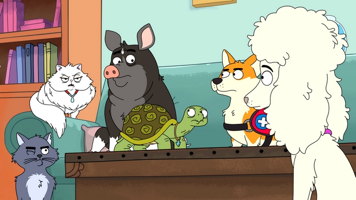 A group of anthropomorphic animals in a living room