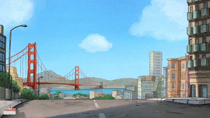 We Bare Bears in San Francisco with Golden Gate Bridge