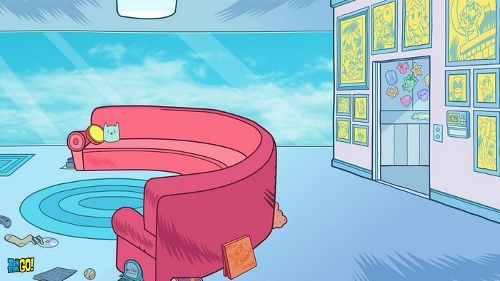 Teen Titans Go! living room with couch and artwork