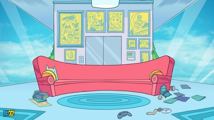Teen Titans Go! living room with couch and pictures