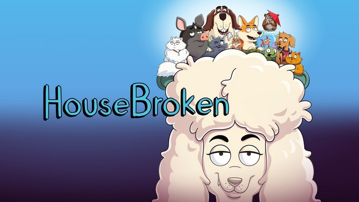Housebroken animated series title card with characters