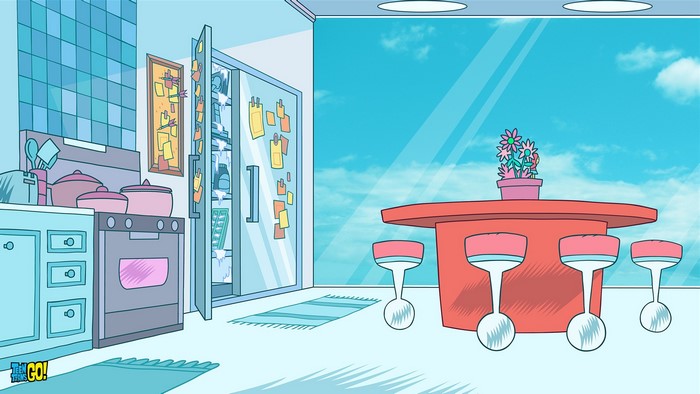 Teen Titans Go! Kitchen with Refrigerator and Dining Table