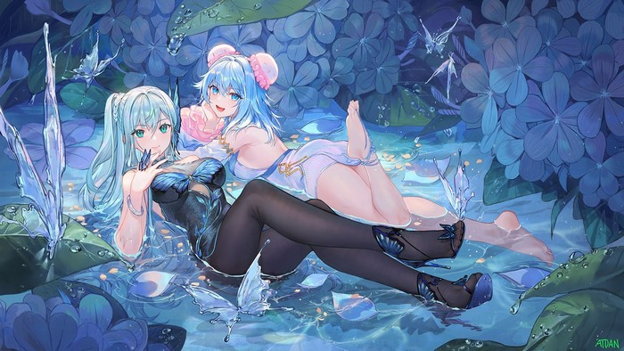 Two anime girls with blue hair in water with butterflies