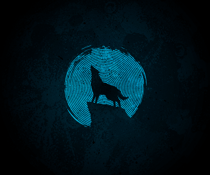 Silhouette of a wolf howling at a fingerprint moon