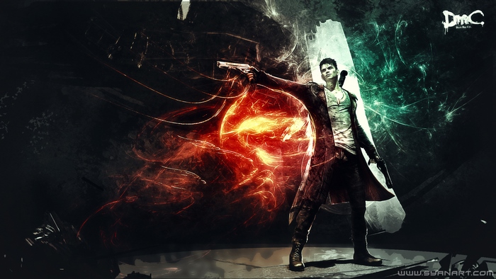 Dante from DmC: Devil May Cry with fiery energy
