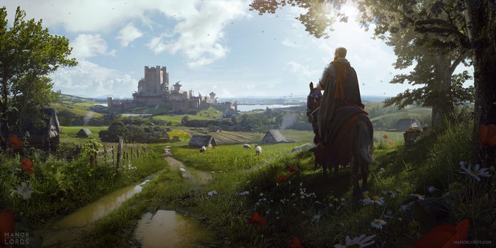 Manor Lords: Knight on Horseback overlooking Castle and Village