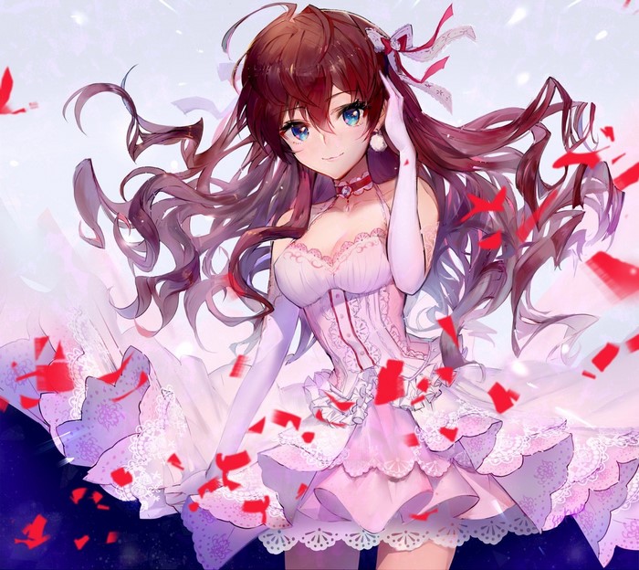 Anime girl with brown hair and blue eyes in a pink dress