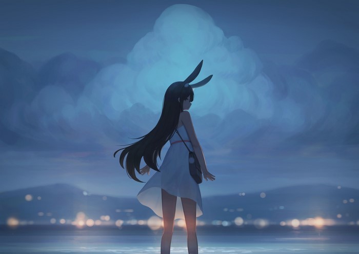 Anime girl with bunny ears standing by the water