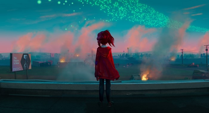 Anime girl in red clothing looking at a burning city