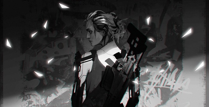 Monochrome artwork of a woman with a weapon