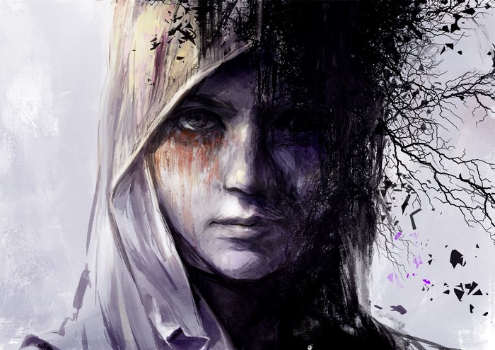 Fantasy art portrait of a girl with dark branches