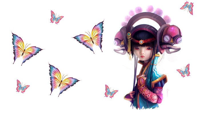Anime girl with colorful butterflies