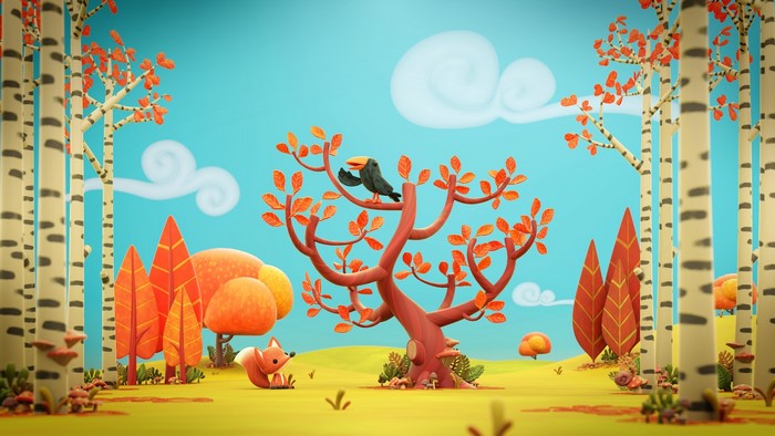 Claymation autumn forest scene with fox and bird
