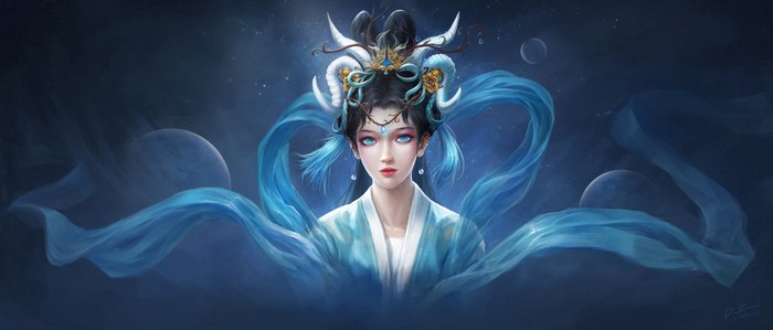 Fantasy girl with ram horns and blue eyes