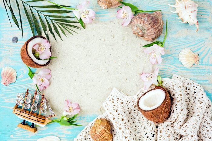Summer Beach Scene with Coconut and Seashells