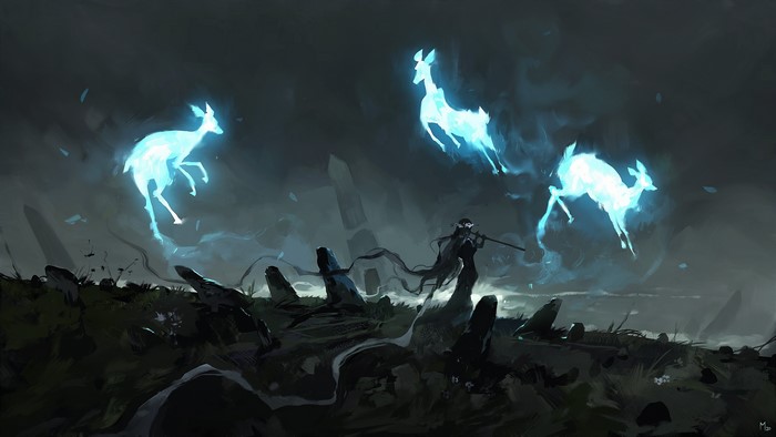 Fantasy art of spirit deer and a figure