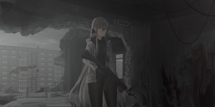 Anime girl with rifle in ruined building