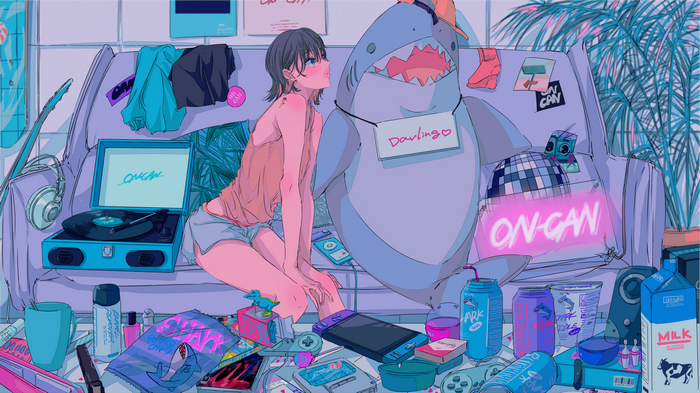 Anime girl and shark plushie with gaming setup