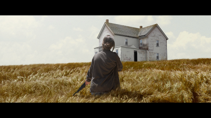 Ellie from The Last of Us holding a rifle in a field