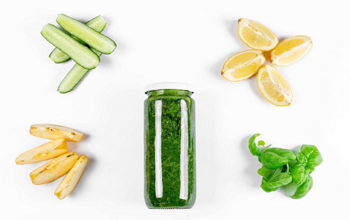 Green smoothie ingredients with jar