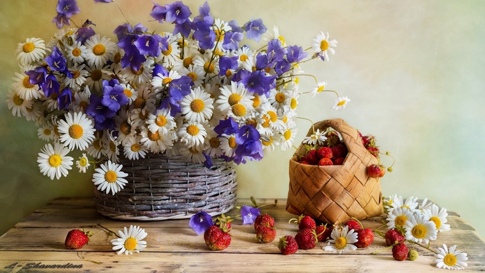 Still life with daisies, bluebells, and strawberries